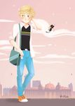  adrien_agreste artist_name bad_id bad_tumblr_id bag blonde_hair building cheese creature denim food full_body green_eyes highres jeans jewelry k1216 male_focus miraculous_ladybug pants plagg_(miraculous_ladybug) ring shoes signature sky smile sneakers 