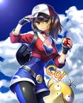  aqua_eyes baseball_cap belt black_legwear blue_eyes breasts brown_hair cleavage copyright_name cropped_jacket female_protagonist_(pokemon_go) fingerless_gloves gen_1_pokemon gloves hat holding holding_poke_ball jacket large_breasts leggings long_hair mitake_eiru poke_ball pokemon pokemon_(creature) pokemon_go ponytail psyduck red_jacket shiny smile twitter_username 