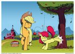  2016 apple apple_bloom_(mlp) applejack_(mlp) barn bucket duo equine female food friendship_is_magic fruit horse kick mammal my_little_pony pony sibling sisters tree wandrevieira1994 