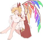  barefoot blonde_hair expressionless feet flandre_scarlet flat_color frilled_skirt frills full_body hat mefomefo mob_cap puffy_short_sleeves puffy_sleeves red_eyes shirt short_sleeves side_ponytail skirt solo spanish stuffed_animal stuffed_bunny stuffed_toy touhou vest wings 