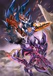  aqua_eyes armor battle capcom charge_blade claws dragon from_behind gateofrage gauntlets glavenus glavenus_(armor) highres holding holding_shield holding_sword holding_weapon jaw knight monster monster_hunter monster_hunter_x roaring sharp_teeth shield spikes sword tail teeth weapon wyvern 