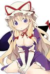  blonde_hair blush breasts choker cleavage dress elbow_gloves gap gloves hat hat_ribbon highres long_hair looking_at_viewer medium_breasts mob_cap mukuroi open_mouth puffy_sleeves purple_dress purple_eyes ribbon ribbon_choker short_sleeves simple_background sitting solo touhou white_background white_gloves yakumo_yukari 