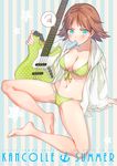 2015 arm_support bare_legs barefoot bass_guitar bikini blue_eyes blush breasts brown_hair cleavage collarbone embarrassed food front-tie_top full_body green_bikini hiei_(kantai_collection) holding instrument kantai_collection long_sleeves looking_at_viewer medium_breasts mouth_hold navel open_clothes open_shirt polka_dot polka_dot_bikini popsicle saki_(little_crown) shirt short_hair sitting solo speech_bubble spoken_squiggle spread_legs squiggle stomach strap_gap striped striped_background sweatdrop swimsuit vertical-striped_background vertical_stripes white_shirt 