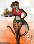  alcohol anthro anthrosaurs beer beverage booty_shorts breasts burger cleavage clothed clothing digital_media_(artwork) dinosaur female food fries matilda_(raphael) non-mammal_breasts predaguy shirt shorts tank_top theropod thigh_gap tyrannosaurus_rex 