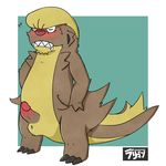  2016 anthro balls blush brown_fur digital_media_(artwork) erection fur gumshoos hi_res male mammal mongoose nintendo nude penis pok&eacute;mon raburigaron sharp_teeth simple_background solo teeth video_games yellow_fur 