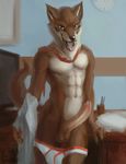  2016 abs anthro athletic balls big_penis blue_eyes brown_fur canine chunie claws clothed clothing desk detailed_background digital_media_(artwork) drooling erection fur hale hi_res humanoid_penis inside leaning leaning_back looking_at_viewer male mammal necktie office open_mouth partially_clothed partially_retracted_foreskin pecs penis precum saliva shirt smile solo teeth tongue tongue_out uncut underwear undressing vein white_fur wolf 