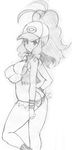 ass big_hair breasts greyscale hat highres koutarosu large_breasts long_hair monochrome pokemon pokemon_(game) pokemon_bw short_shorts shorts solo swimsuit touko_(pokemon) white_background 