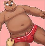  anthro bear blush clothing colored kick_(artist) male male/male mammal pants_pull pantsing penis pink_background precum simple_background underwear undressing 