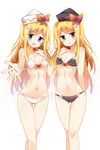 ass_visible_through_thighs bangs bikini black_bikini blonde_hair blue_eyes blush bow breasts cowboy_shot eyebrows eyebrows_visible_through_hair fairy_wings flower hair_flower hair_ornament hat highres lily_black lily_white long_hair looking_at_viewer maturiuta_sorato multiple_girls navel open_mouth outstretched_arm outstretched_hand petite red_bow red_eyes simple_background small_breasts smile standing swimsuit thigh_gap touhou white_background white_bikini wings 