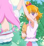  arm_up armpits asahina_mirai back blonde_hair eyebrows eyebrows_visible_through_hair hanami_kotoha haruyama_kazunori looking_at_another mahou_girls_precure! mofurun_(mahou_girls_precure!) multiple_girls pink_hair precure purple_eyes short_hair 