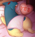  bed blush butt clothed_feral clothing female feral hi_res looking_at_viewer looking_back lying nintendo on_front panties pillow pok&eacute;mon quilava solo underwear vcrow_shuu video_games 