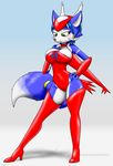  2016 anthro areola bare_shoulders black_nose blue_fur blue_hair blush boots breasts canine chameloshi claws clothing cosplay female footwear fox fur green_eyes hair hair_ornament hand_on_hip hi_res krystal latias legendary_pok&eacute;mon legwear mammal markings nintendo pinup pok&eacute;mon pose short_hair solo standing star_fox tailband thigh_high_boots video_games white_fur 