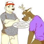  anthro antlers balls baseball_cap bear blush bottomless cervine clothed clothing dangerously deer duo embarrassed english_text erection fur hat horn humanoid_penis long_foreskin looking_away male male/male mammal open_mouth penis phimosis shirt simple_background slightly_chubby standing t-shirt text uncut white_fur 