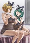  aki_minoriko babydoll bed blonde_hair breasts cleavage closed_eyes commentary_request green_hair hair_ribbon kagiyama_hina large_breasts multiple_girls panties plump ribbon touhou underwear yellow_eyes yohane 