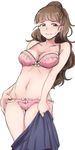  blush bra breasts brown_hair cleavage cowboy_shot embarrassed groin highres idolmaster idolmaster_cinderella_girls kamiya_nao large_breasts long_hair looking_away meganei navel panties red_eyes simple_background skirt skirt_removed solo thighs underwear undressing 