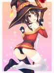  amami_mikihiro ass bandaged_leg bandages bare_shoulders black_gloves black_legwear black_panties brown_hair feet fingerless_gloves gloves gradient gradient_background hat kneeling kono_subarashii_sekai_ni_shukufuku_wo! looking_at_viewer megumin no_shoes off_shoulder panties red_eyes short_hair single_thighhigh solo staff thighhighs underwear witch_hat 