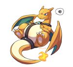  alasurth ambiguous_gender belly blue_eyes blush charizard claws embarrassed feet feral flaming_tail harness horn lying membranous_wings nintendo on_back pok&eacute;mon saddle scalie simple_background solo thick_tail toe_claws video_games white_background wings 