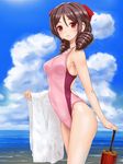  alternate_costume arched_back bare_shoulders beach blue_sky blush bow breasts brown_hair closed_umbrella cloud cloudy_sky competition_swimsuit covered_navel day drill_hair from_side hair_between_eyes hair_bow harukaze_(kantai_collection) highleg highleg_swimsuit highres kantai_collection long_hair looking_at_viewer medium_breasts ocean one-piece_swimsuit oriental_umbrella outdoors pink_swimsuit rasukaru red_bow red_eyes sky smile solo swimsuit thighs towel twin_drills umbrella water 