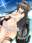  alternate_costume bare_shoulders bikini black_hair brown_eyes burnt_clothes camouflage cannon damaged dazzle_paint hair_between_eyes hair_ornament hairband hairclip haruna_(kantai_collection) headgear highres japanese_clothes kantai_collection long_hair looking_at_viewer navel remodel_(kantai_collection) solo swimsuit tonchinkan turret 