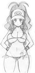  big_hair breasts greyscale hat koutarosu large_breasts long_hair monochrome pokemon pokemon_(game) pokemon_bw short_shorts shorts solo swimsuit touko_(pokemon) white_background 