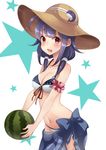  ameno_kiko animal_print bad_id bad_pixiv_id banned_artist bikini blue_hair fish_print food fruit hat highres kantai_collection long_hair low_twintails red_eyes sarong solo sun_hat swimsuit taigei_(kantai_collection) twintails watermelon whale_print 