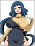  apron blue_hair blush breasts green_eyes gundam gundam_build_fighters huge_breasts iori_rinko jpeg_artifacts koutarosu large_breasts long_hair looking_at_viewer mature no_pants open_mouth ponytail ribbed_sweater simple_background smile solo sweater turtleneck white_background 