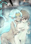  blush breast_grab breasts brown_hair cheek_poking dark_skin grabbing groping highres hyakujuu-ou_golion long_hair multiple_girls nipples nude pidge_gunderson pointy_ears poking princess_allura shadowfenrir short_hair showering sidelocks silver_hair small_breasts smile tiara very_long_hair voltron:_legendary_defender yuri 