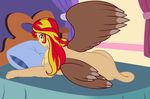  2016 absurd_res badumsquish bed equestria_girls friendship_is_magic hi_res looking_at_viewer looking_back lying mammal my_little_pony on_front pillow sphinx sunset_shimmer_(eg) 