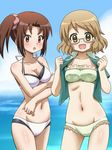  :o awa bangs bikini blush breasts brown_eyes brown_hair cloud cloudy_sky cowboy_shot day frilled_bikini frills glasses green_bikini green_shirt karasuma_sakura kin-iro_mosaic kuzehashi_akari looking_at_viewer medium_breasts multiple_girls open_clothes open_mouth open_shirt outdoors parted_bangs scrunchie semi-rimless_eyewear shirt short_hair side_ponytail sky small_breasts smile standing swimsuit under-rim_eyewear wet white_bikini 