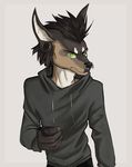  2016 anthro canine cellphone clothed clothing digital_media_(artwork) ear_piercing facial_piercing green_eyes jackal male mammal nose_piercing phone piercing simple_background white_background wunderknodel 