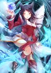  ahri alternate_hair_color animal_ears bare_shoulders black_hair breasts cleavage detached_sleeves energy_ball fingernails fox fox_ears fox_tail korean_clothes koyuiko large_breasts league_of_legends long_hair looking_at_viewer multiple_tails nail_polish slit_pupils solo tail very_long_hair yellow_eyes 