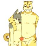  2016 anthro balls canine circumcised dangerously dog duo embarrassed erection feline fur humanoid_penis husky long_foreskin looking_away male male/male mammal nude open_mouth penis simple_background slightly_chubby smile standing teeth tiger uncut 