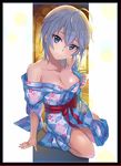  anastasia_(idolmaster) arm_support ashita_(2010) bare_shoulders blue_eyes breasts cleavage collarbone idolmaster idolmaster_cinderella_girls idolmaster_cinderella_girls_starlight_stage japanese_clothes kimono looking_at_viewer medium_breasts short_hair silver_hair smile solo 