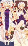  animalization barefoot blonde_hair breasts cat chen chen_(cat) choker cleavage dakimakura dress dress_lift dual_persona elbow_gloves fox full_body gloves hair_ribbon hat hat_ribbon kyuri_tizu large_breasts long_hair long_sleeves looking_at_viewer low-tied_long_hair lying mob_cap multiple_tails multiple_views on_back on_bed open_mouth orange_eyes parasol pillow puffy_sleeves purple_dress ribbon ribbon_choker short_sleeves smile tabard tail touhou tress_ribbon turtleneck umbrella very_long_hair white_dress white_gloves wide_sleeves yakumo_ran yakumo_ran_(fox) yakumo_yukari 