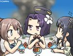  +_+ 3girls :d :o bikini black_hair brown_hair cocktail commentary dated drinking_straw explosion flower flying_sweatdrops food fruit fusou_(kantai_collection) hair_flower hair_ornament hamu_koutarou headgear kantai_collection kazagumo_(kantai_collection) long_hair mechanical_halo multiple_girls open_mouth orange orange_slice purple_eyes purple_hair short_hair smile smoke sparkle sparkling_eyes swimsuit table tatsuta_(kantai_collection) very_long_hair watermelon 