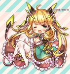  :d ahoge blonde_hair chibi dress green_eyes long_hair lowres marshmallow_mille one_eye_closed open_mouth puzzle_&amp;_dragons smile solo spica_(p&amp;d) tears thighhighs very_long_hair zettai_ryouiki 