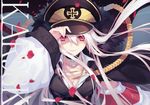  aiguillette albino breasts character_name choker cleavage girls_frontline hat highres iron_cross jacket_on_shoulders kar98k_(girls_frontline) long_hair looking_at_viewer mamusya medium_breasts peaked_cap petals red_eyes smile solo upper_body white_hair 