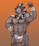  2015 abs armpits biceps big_biceps black_nose blush brown_hair bulge canine clenched_teeth clothed clothing cyril_rayan_(character) facial_hair flexing goatee gradient_background hair hand_on_hip horrorbuns jackal loincloth looking_at_viewer low_res male mammal muscular muscular_male nipples orange_background pecs pharaoh portrait serratus simple_background skimpy solo teeth three-quarter_portrait 