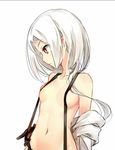  bad_id bad_pixiv_id black_gloves breasts expressionless gloves holding index_finger_raised long_hair looking_down mana_(418208360) naked_suspenders navel profile red_eyes skindentation small_breasts solo suspenders topless upper_body vittorio_veneto_(zhan_jian_shao_nyu) white_background white_hair zhan_jian_shao_nyu 