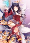  ahri alternate_hair_color animal_ears autumn_leaves bare_shoulders black_hair breasts cleavage detached_sleeves energy_ball fingernails fox_ears fox_tail korean_clothes koyuiko large_breasts leaf league_of_legends long_hair looking_at_viewer multiple_tails nail_polish slit_pupils solo tail very_long_hair yellow_eyes 