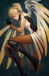  absurdres black_footwear bodysuit boots brown_legwear closed_eyes high_ponytail highres lens_flare lips long_hair mechanical_halo mechanical_wings mercy_(overwatch) nose overwatch pantyhose ponytail solo wings yellow_wings yixinhe 