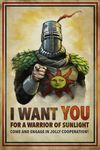  2016 armor clothed clothing dark_souls english_text helmet human i_want_you looking_at_viewer male mammal not_furry simple_background solaire_of_astora solo sun text unknown_artist video_games 