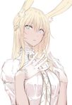  animal_ears bad_id bad_twitter_id blonde_hair blue_eyes breasts bunny_ears gloves highres large_breasts long_hair looking_at_viewer original parted_lips simple_background solo touma_kisa white_background white_gloves 