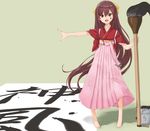  :d alternate_eye_color alternate_hair_color anchor barefoot bow brown_eyes brown_hair bucket calligraphy calligraphy_brush character_name hair_between_eyes hair_bow hair_ribbon hakama highres ink_on_face japanese_clothes kamikaze_(kantai_collection) kantai_collection kimono long_hair looking_at_viewer open_mouth outstretched_arm oversized_object paintbrush paper pink_hakama rasukaru ribbon skirt smile solo standing tasuki very_long_hair yellow_ribbon 