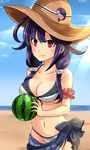  2016 adapted_costume ahoge animal_print arm_ribbon bare_shoulders beach bikini blush breasts cleavage collarbone commentary_request cowboy_shot dated day fish_print floral_print hair_flaps hat hebitsukai-san highres kantai_collection long_hair looking_at_viewer low_twintails medium_breasts navel purple_hair red_eyes ribbon sarong smile solo sun_hat swimsuit taigei_(kantai_collection) twintails whale_print white_bikini 
