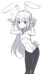  animal_ears armpits bare_shoulders bow bowtie breasts bunny_ears bunny_pose bunny_tail bunnysuit chestnut_mouth covered_navel detached_collar gochuumon_wa_usagi_desu_ka? greyscale hair_ornament kafuu_chino long_hair looking_at_viewer monochrome pantyhose ribbon saiste simple_background small_breasts solo standing tail wrist_cuffs x_hair_ornament 