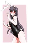 alternate_hair_color animal_ears ass black_hair blush breasts bunny_ears bunny_tail bunnysuit covered_nipples highres long_hair medium_breasts nipples one_breast_out red_eyes reisen_udongein_inaba smile solo sweatdrop tail touhou v yaruku 