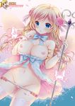  blonde_hair blue_eyes blue_ribbon bow braid breasts bug butterfly dress dress_pull flower hair_flower hair_ornament hair_ribbon highres image_sample insect kuroe_(sugarberry) large_breasts navel neck_ribbon nipples no_bra open_mouth panties panty_pull pink_ribbon pussy ribbon rose sparkle staff thighhighs underwear wings wrist_cuffs yandere_sample 