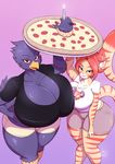  2016 anthro avian big_breasts bird breasts busty_bird cat cleavage clothed clothing corvid crow dragonmanx duo feline female food huge_breasts hyper hyper_breasts looking_at_viewer loree mammal pizza simple_background smile 