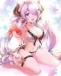  :d alternate_costume alternate_hairstyle barefoot bikini blue_eyes breasts cleavage draph flower food fruit granblue_fantasy hair_ornament hair_over_one_eye hairclip hayama_eishi holding horns large_breasts long_hair looking_at_viewer narmaya_(granblue_fantasy) open_mouth pointy_ears purple_hair sidelocks sitting smile solo sparkle swimsuit thigh_strap thighs twintails very_long_hair wariza watermelon waving white_bikini 
